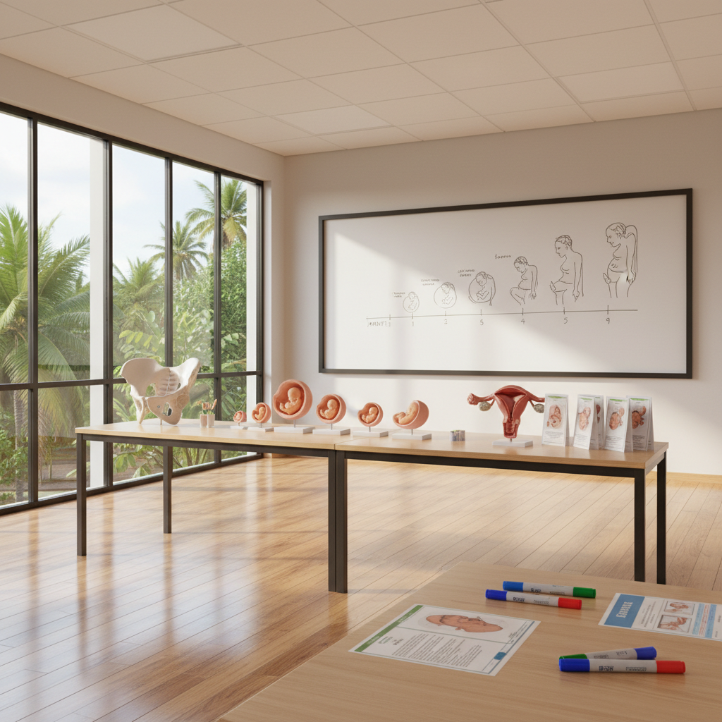 A clean, modern classroom space set up for prenatal education, with a polished light-wood floor and a large whiteboard at the front displaying a clear, hand-drawn diagram of pregnancy stages. On a long, low table, neatly arranged anatomical teaching models of the uterus, fetus development stages, and pelvis rest beside laminated information cards and color-coded markers. Along one side wall, tall windows reveal a hint of lush tropical greenery outside, filling the room with soft late-morning natural light that creates subtle reflections on the tabletops. The mood is professional yet warm, emphasizing learning and empowerment. Photographic realism from a slightly elevated angle, with sharp focus throughout the room to showcase the organized materials and supportive educational environment, perfect for a maternal support centre in Fiji.