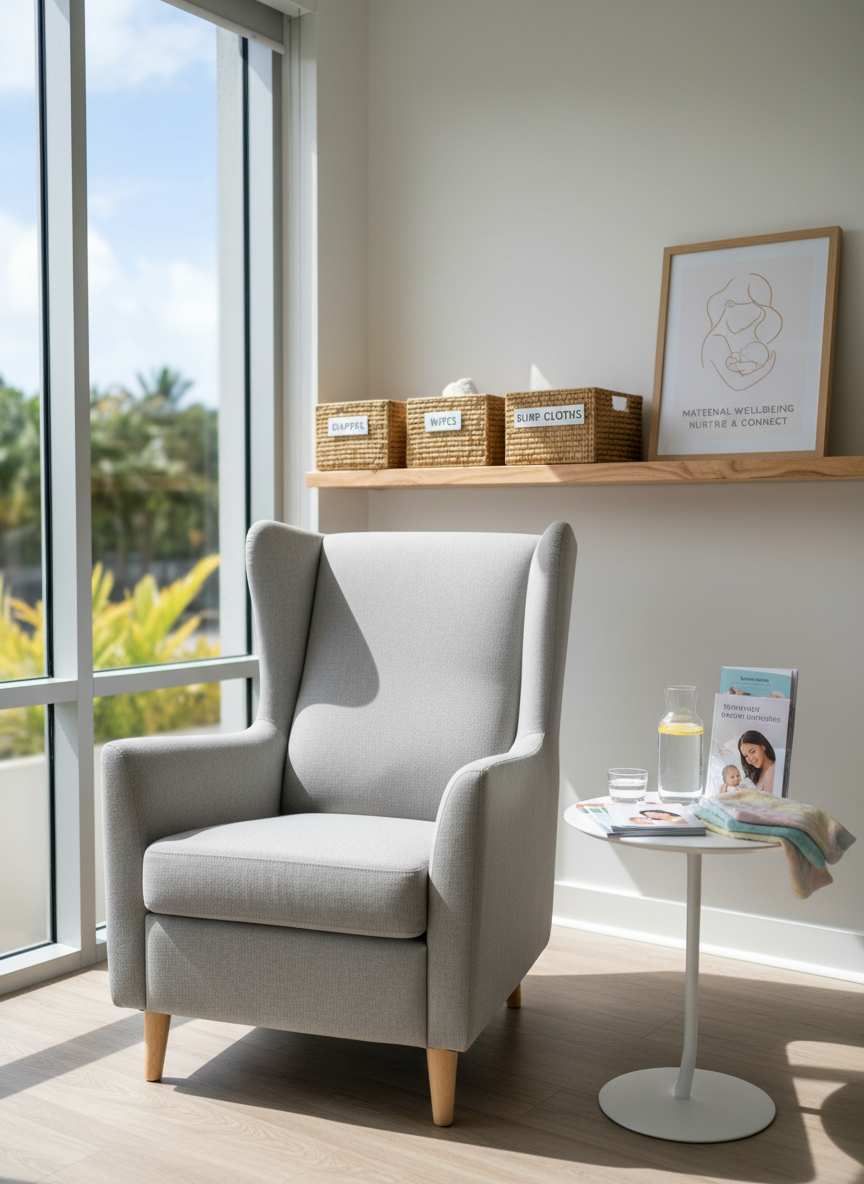 A neatly arranged breastfeeding support corner in a bright, modern maternal wellness centre, featuring a plush light-gray nursing armchair with soft, textured fabric and a high supportive back. A small white side table holds neatly stacked prenatal education booklets, a glass water carafe, and a pastel-colored baby blanket folded with care. Behind, a wall-mounted wooden shelf displays labeled storage baskets for infant care supplies and a framed, minimalist poster about maternal wellbeing. Soft, diffused daylight from a large window bathes the space, creating gentle shadows and a calm, welcoming mood. Photographic realism, captured at eye level with a shallow depth of field so the chair and table are in crisp focus while the background softly blurs, giving a professional, reassuring atmosphere ideal for a maternal support centre in Fiji.